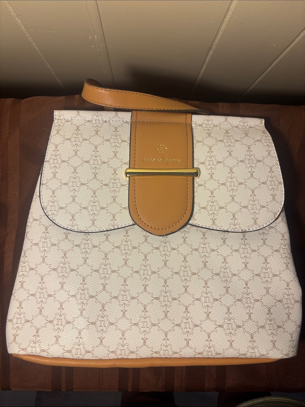 NWOT Nanette Lepore Mini Convertible Logo Backpack - Chalk / Cognac